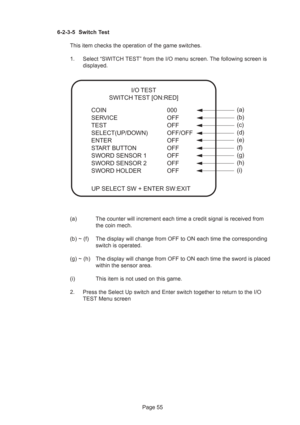 Page 55Page 55 6-2-3-5 Switch Test
This item checks the operation of the game switches.
1. Select “SWITCH TEST” from the I/O menu screen. The following screen is
displayed.
(a) The counter will increment each time a credit signal is received from
the coin mech.
(b) ~ (f) The display will change from OFF to ON each time the corresponding
switch is operated.
(g) ~ (h) The display will change from OFF to ON each time the sword is placed
within the sensor area.
(i) This item is not used on this game.
2. Press the...