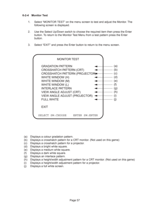 Page 57Page 57 6-2-4 Monitor Test
1. Select “MONITOR TEST” on the menu screen to test and adjust the Monitor. The
following screen is displayed.
2. Use the Select Up/Down switch to choose the required item then press the Enter
button. To return to the Monitor Test Menu from a test pattern press the Enter
button.
3. Select “EXIT” and press the Enter button to return to the menu screen.
(a) Displays a colour gradation pattern.
(b) Displays a crosshatch pattern for a CRT monitor. (Not used on this game)
(c)...