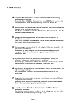 Page 62Page 62
7. MAINTENANCE
  
Adjustment or maintenance on this machine should be carried out by
qualified personnel only.
Ensure that the 
POWER to the machine is turned OFF before commencing
any maintenance work. (Trouble shooting, service or repairs etc.)
  
Einstellungen und Wartung des Gerätes dürfen nur von dafür qualifiziertem
Fachpersonal vorgenommen werden.
Vor Beginn aller Wartungsarbeiten (Fehlersuche, Reparaturen etc.) muß der
Netzstecker gezogen werden.
  
Justeringer eller...