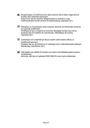 Page 63Page 63
  
Aanpassingen of onderhoud aan deze machine dient alleen uitgevoerd te
worden door bekwaam personeel.
Zorg ervoor dat de machine UITgeschakeld is voordat er enig
onderhoudswerk wordt verricht (troubleshooting, reparaties etc.)
  
Afinações ou manutenção nesta maquina, deverão ser efectuadas sómente
por pessoal qualificado.
Certifique-se que a maquina se encontra desligada sempre que iniciar
qualquer tipo de trabalho de manutenção. (identifação de avarias,
reparação etc.)...