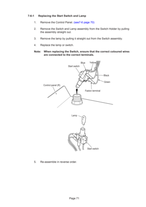 Page 71Page 71
7-6-1 Replacing the Start Switch and Lamp
1.  Remove the Control Panel. (see7-6 page 70)
2. Remove the Switch and Lamp assembly from the Switch Holder by pulling the assembly straight out.
3. Remove the lamp by pulling it straight out from the Switch assembly.
4. Replace the lamp or switch.
Note: When replacing the Switch, ensure that the correct coloured wires are connected to the correct terminals.
5. Re-assemble in reverse order.
Start switch
Start switch Faston terminal
Blue
Green
Control...