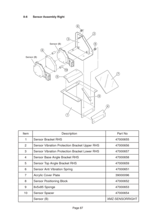 Page 87Page 87 8-6 Sensor Assembly Right
7
6
3
8Sensor (B)
Sensor (B)
6
2
5
10
9
1
4
m e t Ino i t p i r c s e DoN t r a P
1SH R t e k c a r B r o s n e S55 6 0 0 0 7 4
2SH R r e p p U t e k c a r B n o i t c e t o r P n o i t a r b i V r o s n e S65 6 0 0 0 7 4
3SH R r e w o L t e k c a r B n o i t c e t o r P n o i t a r b i V r o s n e S75 6 0 0 0 7 4
4te k c a r B e l g n A e s a B r o s n e SSH R85 6 0 0 0 7 4
5te k c a r B e l g n A p o T r o s n e SSH R95 6 0 0 0 7 4
6gn i r p S n o i t a r b i V i t n A...