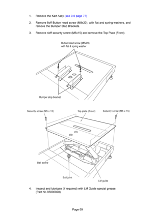 Page 69	
Button head screw (M8x20)
with flat & spring washer
Bumper stop bracket
Security screw (M5 x 15)Security screw (M5 x 15)
Top plate (Front)
Ball screw
Ball joint LM guide
\f\b .% ( 4 / $ 	* 2  &
\b .%==7 (,8$!
&@-(=# ,2- (@ , %(7%212783\b
\b .%==8-/8$!\f& ,%(02#$) &\b
\b 
 28 ,#+-8$-=C-,&-(:>-,28-#\b $	




& 