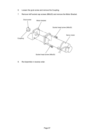 Page 87
Grub screw
Coupling
Socket head screw (M6x20)Servo motor Socket head screw (M6x20) Motor bracket
 : (+8 ,%(2#- 
 .%==83828$!
& ,%(783
 .*%+#- , 