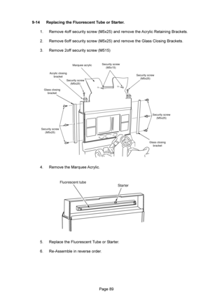 Page 89	
Security screw
(M5x25)Security screw
(M5x25)
Glass closing
bracket
Glass closing
bracket
Security screw
(M5x25)Security screw
(M5x25) Security screw
(M5x15)
Acrylic closing
bracket
Marquee acrylic
.-= !(,#4! ( 2+
 .%==8-/8$!& ,%(8/#-8.- - 783
 .%==8-/8$!& ,%(>##- 783
 .%==8-/8$&
 .%(C8/#-8
 .2#8()#8...