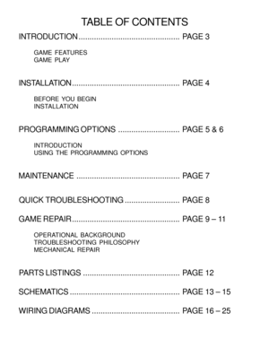 Page 2 INTRODUCTION.............................................. PAGE 3
GAME FEATURES
GAME PLAY
 INSTALLATION................................................. PAGE 4
BEFORE YOU BEGIN
INSTALLATION
 PROGRAMMING OPTIONS............................ PAGE 5 & 6
INTRODUCTION
USING THE PROGRAMMING OPTIONS
 MAINTENANCE............................................... PAGE 7
 QUICK TROUBLESHOOTING......................... PAGE 8
 GAME REPAIR................................................. PAGE 9 – 11
OPERATIONAL...