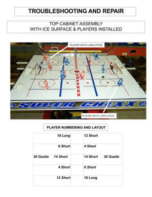 Page 16TROUBLESHOOTING AND REPAIR
TOP CABINET ASSEMBLY
WITH ICE SURFACE & PLAYERS INSTALLED
PLAYER WITH LONG STICK
PLAYER WITH LONG STICK
PLAYER NUMBERING AND LAYOUT
18 Long12 Short
6 Short4 Short
30 Goalie     14 Short14 Short      30 Goalie
4 Short6 Short
12 Short18 Long 
