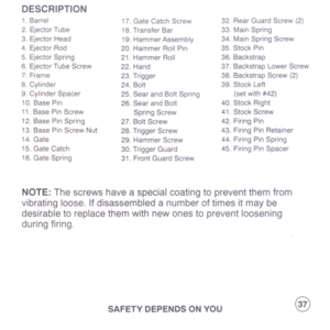 Page 39
DESCRIPTION
1.Barrel
2.EjectorTube
3.EjectorHead
4.EjectorRod
5.EjectorSpring
6.EjectorTubeScrew
7.Frame
8.Cylinder
9.CylinderSpacer
10.BasePin
11.BasePinScrew
12.BasePinSpring
13.BasePinScrewNut
14.Gate
15.GateCatch
16.GateSpring
17.GateCatchScrew
18.TransferBar
19.HammerAssembly
20.HammerRollPin
21.HammerRoll
22.Hand
23.Trigger
24.Bolt
25.SearandBoltSpring
26.SearandBolt
SpringScrew
27.BoltScrew
28.TriggerScrew
29.HammerScrew
30.TriggerGuard
31.FrontGuardScrew
32.RearGuardScrew(2)
33.MainSpring...