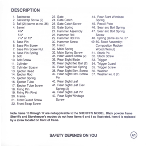 Page 43
DESCRIPTION
1.Backstrap
2.BackstrapScrew(2)
3.Ball(2)(sameasno.36)
4.Barrel
43,4
5Y2
7%or12
5.BasePin
6.BasePinScrew
7.BasePinScrewNut
8.BasePinSpring
9.Boll
10.BollScrew
11.Cylinder
12.CylinderSpacer
13.EjectorHead
14.EjectorRod
15.EjectorSpring
16.EjectorTube
17.EjectorTubeScrew
18.FiringPin
19.FiringPinRivet
20.Frame
21.FrontGuardScrew
22.FrontStrapScrew
23.Gate
24.GateCatch
25.GateCatchScrew
26.GateSpring
27.HammerAssembly
28.HammerRoll
29.HammerRollPin
30.HammerScrew
31.Hand
32.MainSpring...