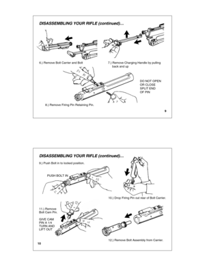 Page 6DISASSEMBLING YOUR RIFLE (continued)…
10
PUSH BOLT IN
9.) Push Bolt in to locked position.
10.) Drop Firing Pin out rear of Bolt Carrier.
11.) Remove Bolt Cam Pin.
GIVE CAMPIN A 1/4TURN ANDLIFT OUT
12.) Remove Bolt Assembly from Carrier.
DISASSEMBLING YOUR RIFLE (continued)…
9
6.) Remove Bolt Carrier and Bolt 7.) Remove Charging Handle by pulling 
     back and up
8.) Remove Firing Pin Retaining Pin.
DO NOT OPEN
OR CLOSE
SPLIT END
OF PIN 