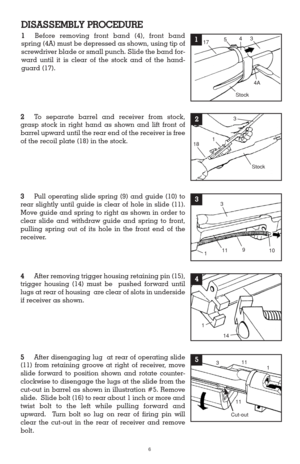 Page 65After disengaging lug  at rear of operating slide
(11) from retaining groove at right of receiver, move
slide forward to position shown and rotate counter-
clockwise to disengage the lugs at the slide from the
cut-out in barrel as shown in illustration #5. Remove
slide.  Slide bolt (16) to rear about 1 inch or more and
twist bolt to the left while pulling forward and
upward.  Turn bolt so lug on rear of firing pin will
clear the cut-out in the rear of receiver and remove
bolt. 4After removing trigger...