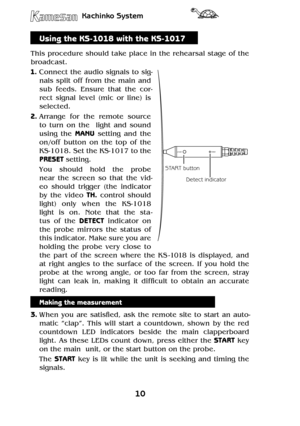 Page 1010
Kachinko System
11
Kachinko System
Using the KS-1018 with the KS-1017
This procedure should take place in the rehearsal stage of the 
broadcast.
1. Connect the audio signals to sig-
nals  split  off  from  the  main  and 
sub  feeds.  Ensure  that  the  cor-
rect  signal  level  (mic  or  line)  is 
selected.
2. Arrange  for  the  remote  source 
to  turn  on  the    light  and  sound 
using  the MANU  setting  and  the 
on/off  button  on  the  top  of  the 
KS-1018. Set the KS-1017 to the 
PRESET...