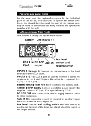 Page 99
KS-342
Features and panel items
For  the  most  part,  the  explanations  given  for  the  individual 
parts  of  the  KS -342  will  allow  you  to  operate  the  mixer  effec-
tively.  You  should  therefore  read  this  part  of  the  manual  care-
fully  in  order  to  understand  the  many  features  and  operations 
possible with the unit.
Left side (viewed from front)
This section is chiefly the inputs to the mixer:
�������������������������
�������������������
�����������...