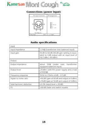 Page 1616 
TM
Connections (power input)
  DC Input Connector     PINassignment
 ¥NC7MDL-B-1
Plug Type      XLR - 4 - 1 1 type
FU ON OUT0 V
N.C.
+9¥ +15V43214
32
1
Audio speciﬁ cations
Input
Input impedance 1.2 kΩ (t r ansfor mer- less b alanced input)
Input gain 30 dB to 60 dB (60 dB gain setting is equiv-
alent to 0 dB output with an input level of 
– 62.5 dBs  (– 60 dBm) 
Output
Output impedance about  34 Ω (under load, transformer-
equipped balanced input)
Output level _20 dBm (with 6 V power supply and a...