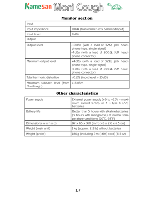 Page 1717
TM
Monitor section
Input
Input impedance 10 kΩ (transformer- less balanced input)
Input level 0 dBs 
Output
Output level –10 dBs (with a load of 32 Ω, jack head -
phone type, single signal)
– 4 dBs (with a load of 200 Ω, XLR head -
phone connector)
Maximum output level +4 dBs (with a load of 32 Ω, jack head -
phone type, single signal)
–8 dBs (with a load of 200 Ω, XLR head -
phone connector)
Total harmonic distortion  20 dB)
Maximum talkback level (from 
MoniCough)+16 d B m
Other characteristics...