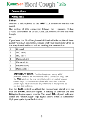 Page 66 
TM
Connections
Microphone
Either:
connect a microphone to the INPUT XLR connector on the rear 
panel. 
The wiring of this connector follows the 1= ground, 2=hot, 
3 = cold convention as do all 3 - pin XLR connectors on the Moni -
Cough.
or:
if you have the MoniCough model  tted with the optional front-
panel 7- pin XLR connector, ensure that your headset is wired in 
the way described here before making the connection.
1Ground
2 MIC in (+)
3 MIC in (-)
4 Phones L (+)
5 Phones L (-)
6 Phones R (+)
7...