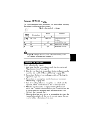 Page 17Kamesan KS-T2000
17
Operations
Operations
Operations
Operations
Operations
Operations
Operations
Operations
The signal or signals being monitored and metered are set using 
the (green) monitor selection control.
The [L+R] setting is also used for the external monitoring source 
(see “External monitoring input” on page 8).
Before adjusting the inputs:
1.Make sure that the correct input mode has been selected 
(“Input connections” on page 7).
2.If the low-cut filter is to be used on the input channel, make...