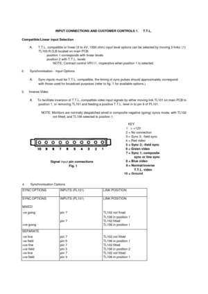 Page 11INPUT CONNECTIONS AND CUSTOMER CONTROLS 1.     T.T.L.Compatible/Linear input SelectionA.       T.T.L. compatible or linear (0 to 4V, 1500 ohm) input level options can be selected by moving 3 links: (1)TL103 R,G,B located on main PCB:position 1 corresponds with linear levelsposition 2 with T.T.L. levelsNOTE: Contrast control VR111, inoperative when position 1 is selected.2.       Synchronisation - Input OptionsA.       Sync inputs must be T.T.L. compatible, the timing of sync pulses should approximately...