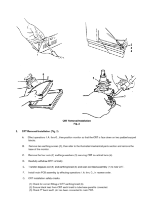 Page 18CRT Removal/InstallationFig. 22.       CRT Removal/Installation (Fig. 2)A.     Effect operations 1.A. thru G., then position monitor so that the CRT is face down on two padded supportblocks.B.      Remove two earthing screws (1), then refer to the illustrated mechanical parts section and remove thebase of the monitor.C.  Remove the four nuts (2) and large washers (3) securing CRT to cabinet facia (4).D.  Carefully withdraw CRT vertically.E.  Transfer degauss coil (5) and earthing braid (6) and scan coil...