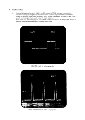 Page 294,      Line Driver StageA.       Horizontal drive pulses from pin 3 (IC201), are D.C. coupled to TR2Q1 and used to control drivertransformer (T201), providing the impedance conversion necessary to provide 600mA forward basecurrent, for saturation of line output transistor (TR202). Ringing is damped by R225 and C214 at TR201turn off, thus limiting its Vce to a safe value. HT supply to the linedriver comes from main HT supply rail, prior to R231 and HT scaninterlock (PL201 pins 5/6; allowing itsoperation...