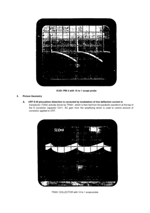 Page 35IC301 PIN 4 with 10 to 1 scope probe5.       Picture GeometryA.     CRT E-W pincushion distortion is corrected by modulation of line deflection current intransductor (T202) actively driven by TR301. which is then fed from the parabolic waveform at the top ofthe S correction capacitor C311. AC gam from  the amplifying driver is used to control amount ofcorrection applied to CRT.TR301 COLLECTOR with 10 to 1 scope probe 