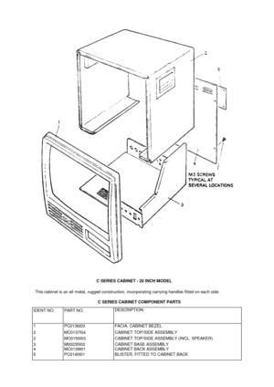 Page 58C SERIES CABINET - 20 INCH MODELThis cabinet is an all metal, rugged construction, incorporating carrying handles fitted on each side.C SERIES CABINET COMPONENT PARTSIDENT NO.PART NO.DESCRIPTION1PC0136I03FACIA, CABINET BEZEL2MC0137I04CABINET TOP/SIDE ASSEMBLY2MC0150I03CABINET TOP/SIDE ASSEMBLY (INCL. SPEAKER)3M00235I02CABINET BASE ASSEMBLY4MC0139I01CABINET BACK ASSEMBLY5PC0140I01BLISTER. FITTED TO CABINET BACK 