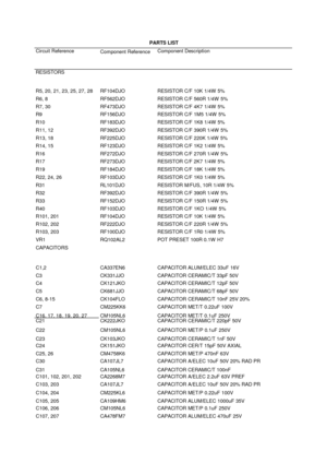 Page 76PARTS LISTCircuit ReferenceComponent ReferenceComponent  DescriptionRESISTORSR5, 20, 21, 23, 25, 27, 28RF104DJORESISTOR C/F 10K 1/4W 5%R6, 8RF562DJORESISTOR C/F 560R 1/4W  5%R7, 30RF473DJORESISTOR C/F 4K7 1/4W 5%R9RF156DJORESISTOR C/F 1M5 1/4W  5%R10RF183DJORESISTOR C/F 1K8 1/4W 5%R11, 12RF392DJORESISTOR C/F 390R 1/4W  5%R13, 18RF225DJORESISTOR C/F 220K 1/4W  5%R14, 15RF123DJORESISTOR C/F 1K2 1/4W 5%R16RF272DJORESISTOR C/F 270R 1/4W  5%R17RF273DJORESISTOR C/F 2K7 1/4W 5%R19RF184DJORESISTOR C/F 18K 1/4W...