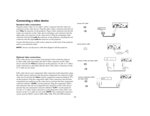 Page 1211
Connecting a video device Standard video connectionsPlug the audio/video (A/V) cable’s yellow connector into the video-out 
connector on the video device. Plug the other yellow connector into the yel-
low Video 3 connector on the projector. Plug a white connector into the left 
audio out connector on the video device and plug a red connector into the 
right audio out connector on the video device. Plug the remaining white 
connector into the left audio in connector on the projector, and plug the red...