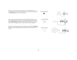 Page 98
If you are using a desktop computer and want to see the image on your 
computer screen as well as on the projection screen, plug the monitor cable 
to the Monitor out connector on the projector. 
You can control the projector from an LCD control panel, touch screen, or 
other control device or computer by connecting an RS-232 cable to the pro-
jector ’s Serial Control connector. Specific RS-232 commands can be found 
in the Service and Support section of our website and in the Appendix.
The projector...