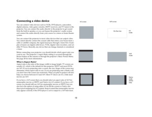 Page 1312
Connecting a video deviceYou can connect video devices such as VCRs, DVD players, camcorders, 
digital cameras, video game consoles, HDTV receivers, and TV tuners to the 
projector. You can connect the audio directly to the projector to get sound 
from the built-in speaker, or you can bypass the projector ’s audio system 
and connect the audio directly from your source to a stereo or home theater 
system.You can connect the projector to most video devices that can output video. 
You cannot directly...