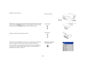 Page 2221
Adjust the zoom and focus.
If the image is not square, adjust the keystone using the buttons on the key-
pad. Press the top Key s t o n e  button to reduce the upper part of the image, 
and press the bottom Keys to ne  button to reduce the lower part.
Adjust the volume on the keypad or remote.
Adjust the Contrast, Brightness, Color, Tint, or Aspect Ratio in the Picture 
menu. See page 36 for help with the menus and these adjustments.
For Aspect Ratio, keep in mind that DVD players must be configured...