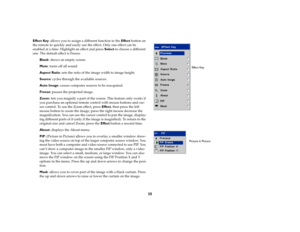 Page 3635
Effect Key: allows you to assign a different function to the Effect button on 
the remote to quickly and easily use the effect. Only one effect can be 
enabled at a time. Highlight an effect and press Select to choose a different 
one. The default effect is Freeze.
Blank: shows an empty screen. 
Mute: turns off all sound. 
Aspect Ratio: sets the ratio of the image width to image height.
Source: cycles through the available sources.
Auto Image: causes computer sources to be reacquired.
Freeze: pauses...