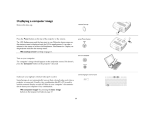 Page 109
Displaying a computer image Remove the lens cap.
Press the Pow e r button on the top of the projector or the remote.
The LED flashes green and the fans start to run. When the lamp comes on, 
the startup screen is displayed and the LED is steady green. It can take a 
minute for the image to achieve full brightness. The Interactive Display on 
the projector indicates the startup status.
? No startup screen? Get help on page 17. 
Turn on your computer.
The computer ’s image should appear on the projection...