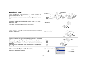 Page 1212
Adjusting the imageAdjust the height of the projector, if necessary, by pressing the release but-
ton to extend the elevator foot. 
Rotate the leveling foot (located at the bottom back right corner), if neces-
sary.
Position the projector the desired distance from the screen at a 90 degree 
angle to the screen. 
See page 44 for a table listing screen sizes and distances.
Adjust the zoom or focus rings by rotating them until the desired image size 
and focus are produced.
The projector has an Auto...