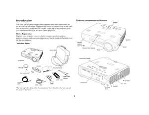 Page 55
IntroductionYour new digital projector provides computer and video inputs and has 
XGA 1024x768 resolution. The projector is easy to connect, easy to use, and 
easy to maintain. An Interactive Display on the top of the projector gives 
you constant feedback on the status of the projector. 
Online Registration
Register your projector on our website to receive product updates, 
announcements, and registration incentives. See the inside of the back cover 
for the web address. Included items*The lens cap...