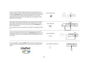 Page 88
If you are using a desktop computer and want to see the image on your 
computer screen as well as on the projection screen, plug the monitor cable 
to the black Computer 2 connector on the projector. This connector can be 
used as monitor out or VESA in. The default is VESA in, so you must 
change this option in the menu to use monitor out. See page 34 to switch 
between the two functions.
If you prefer connecting your projector to your computer with an optional 
VESA cable, connect one end of the...