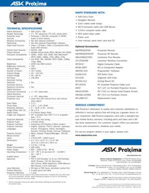 Page 2www.askproxima.com
InFocus Corporate Headquar ters: 27700B SW Parkway Avenue
Wilsonville, Oregon 97070-9215, USA • Phone: 503-685-8888
1-800-294-6400 • Fax: 503-685-8887
In Europe:InFocus International BV • Strawinskylaan 585 • 1077 XX Amsterdam
The Netherlands • Phone: (31) 20 5792000 • Fax: (31) 20 5792999
Freephone: 008000 4636287 (008000 INFOCUS)
InFocus Norge AS• K.G. Meldahlsvei 9 • Postboks 1403 • 1602 Fredrikstad • Nor way
Tel.: +47 69 38 11 00 • Fax.: +47 69 34 06 32 • Firmapost@infocus.com
In...