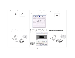 Page 1615
For Macintosh: Image fuzzy or cropped
Set your computer’s display resolution to 
the native resolution of the projector 
(Apple menu>System 
Preferences>Displays, choose 1024x768) 
Image clear and not cropped
Only my laptop’s background appears, not the 
Desktop icons 
Disable “Extend my Windows Desktop” in Control Panel>Display>Settings>Display 2 
(location varies by operating system)
Background and Desktop projected
A
A
A
A
A
 
Uncheck this
option, then
click Apply
A
A 