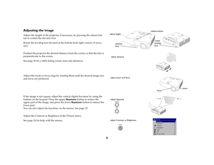 Page 98
Adjusting the imageAdjust the height of the projector, if necessary, by pressing the release but
-
ton to extend the elevator foot. Rotate the leveling foot (located at the bottom back right corner), if neces
-
sary.
 
Position the projector the desired distance from the screen, so that the lens is 
perpendicular to the screen. See 
page
 36 for a table listing screen sizes and distances.
 
    Adjust the zoom or focus rings by rotating them until the desired image size 
and focus are produced....