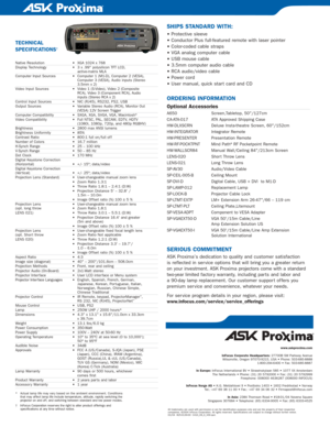 Page 2www.askproxima.com
InFocus Corporate Headquar ters: 27700B SW Parkway Avenue
Wilsonville, Oregon 97070-9215, USA • Phone: 503-685-8888
1-800-294-6400 • Fax: 503-685-8887
In Europe:InFocus International BV • Strawinskylaan 585 • 1077 XX Amsterdam
The Netherlands • Phone: (31) 20 5792000 • Fax: (31) 20 5792999
Freephone: 008000 4636287 (008000 INFOCUS)
InFocus Norge AS• K.G. Meldahlsvei 9 • Postboks 1403 • 1602 Fredrikstad • Nor way
Tel.: +47 69 38 11 00 • Fax.: +47 69 34 06 32 • Firmapost@infocus.com
In...