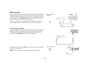 Page 1818
VGA connectionIf your video device has a 15-pin VGA output, plug one end of the included 
computer cable into the VGA connector on your video source. This connec-
tor may be labeled “To Monitor” on the video source. Plug the M1 computer 
end of the cable into the Computer In connector on the projector. Do not 
plug the USB end of this cable into the video device.
Use the A/V cable’s red and white audio connectors as described on the 
previous page (the yellow connectors on the A/V cable are not...