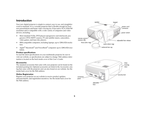 Page 5
5
IntroductionYour new digital projector is simple to connect, easy to use, and straightfor-
ward to maintain. It is a versatile projec tor that is flexible enough for busi-
ness presentations and home video view ing too. It has native XGA 1024x768 
resolution and is compatible with a  wide variety of computers and video 
devices, including:
 Most standard VCRs, DVD players (progressive and interlaced), pro- gressive DVD, HDTV sources, TV and satellite tuners, camcorders, 
video games, and laser disc...