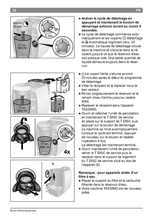 Page 3432
BoschHomeAppliances
FR

►Activer le cycle de détartrage en 
appuyant et maintenant le bouton de 
démarrage enfoncé durant au moins 5 
secondes.

►Lecyclededétartragecommenceauto -
matiquementetlesvoyants
QDétartrage
et
O Automatiqueclignotent(env.20
minutes).Leliquidededétartragecircule
danslamachineets’écouledansleré -...