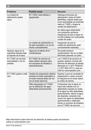 Page 6260
BoschHomeAppliances
ES
MásinformaciónsobreServiciodeatenciónalclientepuedeencontrarse 
onlineenwww.tassimo.com
Problema Posible causa Solución
Launidadde
elaboracióngotea
agua. El
TDISCestádañadoo
agujereado. Detengaelprocesode
elaboración:pulseelbotón
Start/Stop,esperehastaque
laluzanaranjadaseenciende,
retireel...