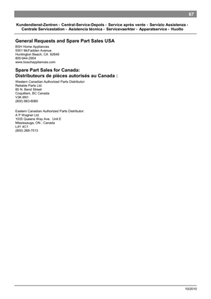 Page 6967
10/2010
 
Kund end ie n st- Zen tr e n Cent ra l-S erv ice-Depot sService après vente Se rvizio  A ssistenza 
Centrale  Se rvicest ation   A sisten cia técn ica   Serv icev aerkt er   A pparatser vice    Huo lt o  
Gen eral  Requ ests  and  Spar e Pa rt Sales  USA  
BS H H om e A pp lia nce s 
55 51  M cFa dde n A ve nue  
H un tin gto n B ea ch , C A  92 649  
800 -9 44 -2 904  
ww w.boschapp lian ces .com  
 
Spare  Part Sales  for  Canada:
Distributeurs de pièces autorisés au Canada :  
W...