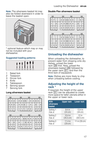 Page 17Loading the Dishwasher  en-us
17
Note: The silverware basket lid may 
also be folded downward in order to 
leave the basket open.
* optional feature which may or may 
not be included with your 
dishwasher.
Suggested loading patterns
Long silverware basketDouble Flex silverware basket
Unloading the dishwasher
When unloading the dishwasher, to 
prevent water from dripping onto dry 
dishes, unload the lower 
rack 1j first. Next, unload the 
silverware basket 1b followed by 
the upper rack 1*, and then the...