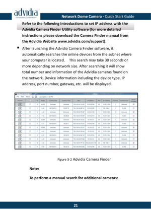 Page 22Network Dome Camera · Quick Start Guide  21Refer to the following introductions to set IP address with the Advidia Camera Finder Utility software (for more detailed instructions please download the Camera Finder manual from the Advidia Website www.advidia.com/support):  After launching the Advidia Camera Finder software, it automatically searches the online devices from the subnet where your computer is located.  This search may take 30 seconds or more depending on network size. After searching it will...