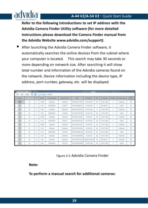 Page 19 A-44 V2/A-54 V2 · Quick Start Guide  19Refer to the following introductions to set IP address with the Advidia Camera Finder Utility software (for more detailed instructions please download the Camera Finder manual from the Advidia Website www.advidia.com/support):  After launching the Advidia Camera Finder software, it automatically searches the online devices from the subnet where your computer is located.  This search may take 30 seconds or more depending on network size. After searching it will...