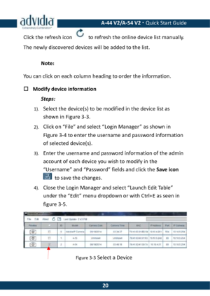 Page 20 A-44 V2/A-54 V2 · Quick Start Guide  20Click the refresh icon  to refresh the online device list manually. The newly discovered devices will be added to the list. Note: You can click on each column heading to order the information.  Modify device information Steps: 1). Select the device(s) to be modified in the device list as shown in Figure 3-3.  2). Click on “File” and select “Login Manager” as shown in Figure 3-4 to enter the username and password information of selected device(s). 3). Enter the...