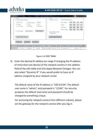 Page 22 A-44 V2/A-54 V2 · Quick Start Guide  22 Figure 3-6 Edit Table 5) Enter the desired IP address (or range if changing the IP address of more than one device) of the network camera in the address field of the edit table and click Apply Network Changes. You can also select “Dynamic IP” if you would prefer to have an IP address assigned by your network router.   The default value of the IP address is “192.0.0.64”. The default user name is “admin”, and password is “12345”. For security purposes the default...